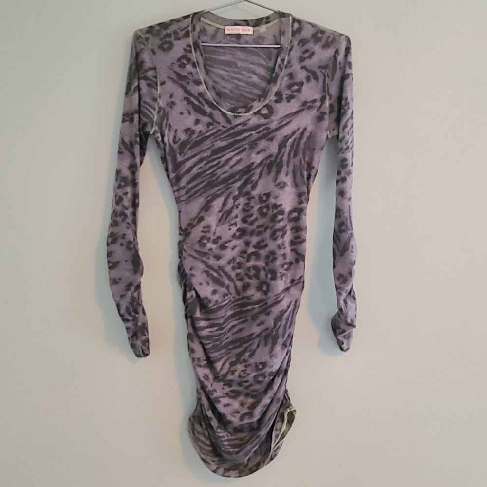 Rebecca Taylor Grey Leopard & Zebra Print Ruched Long Sleeve Bodycon T Dress